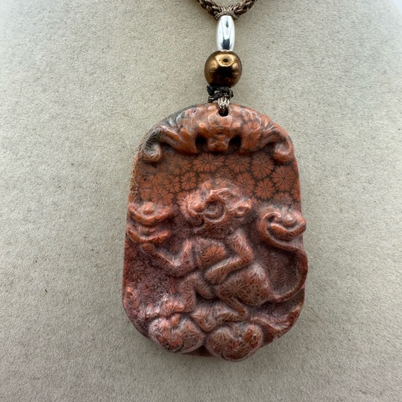Coral Fossil Monkey Pendant Necklace Sterling Silver Accent on Adjustable Rope - Picture 4 of 9